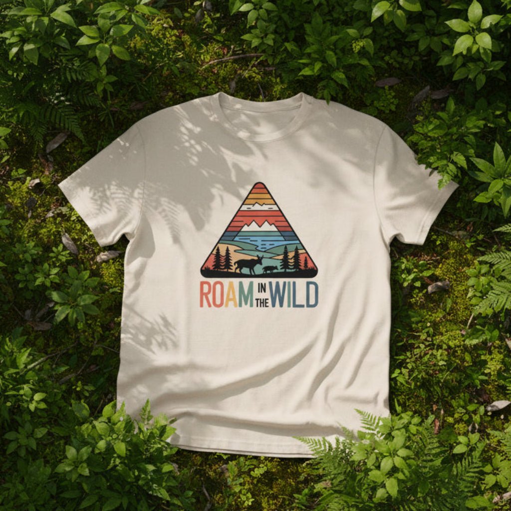 White graphic t-shirt with triangular Roam the Wild front print