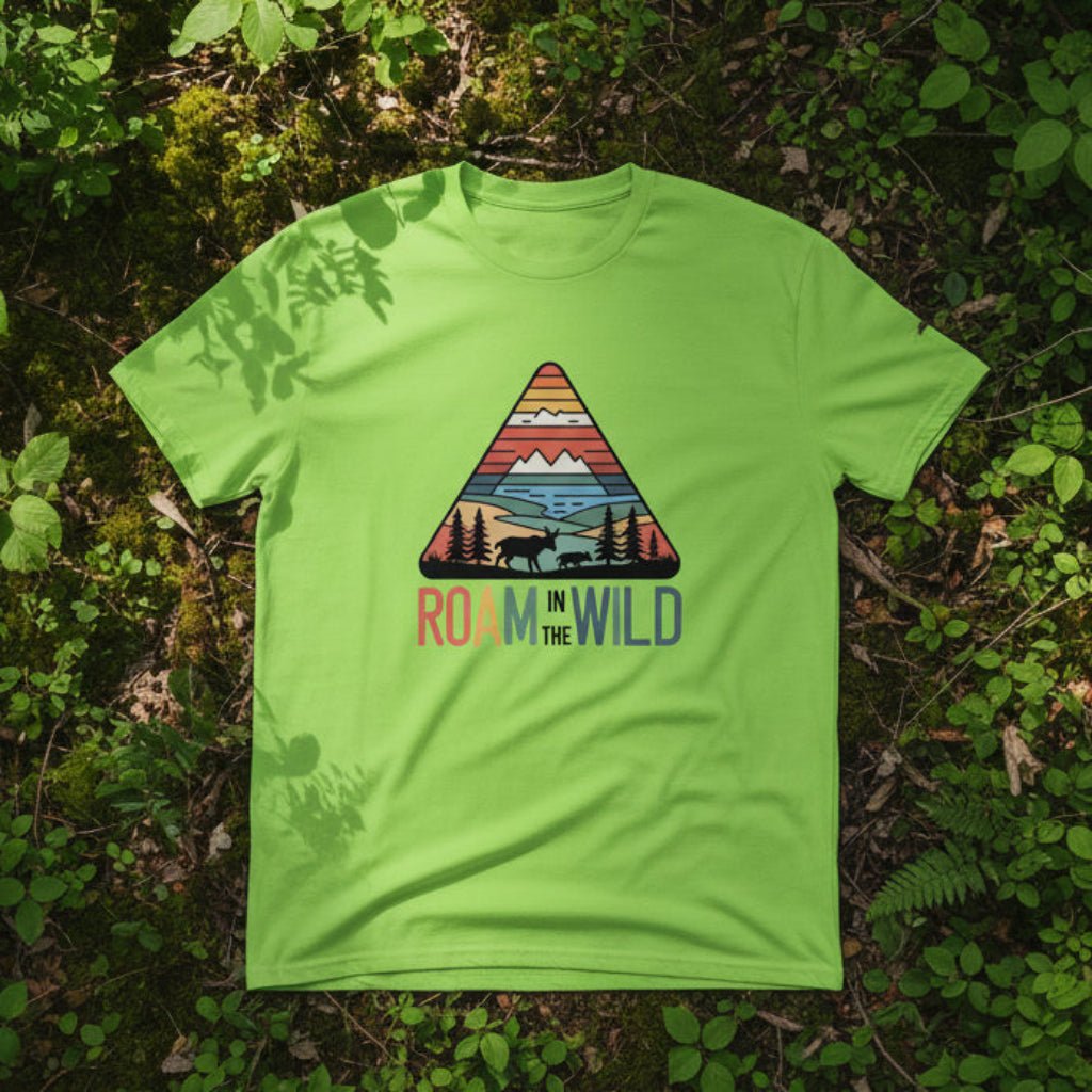 Lime green graphic t-shirt with triangular Roam the Wild front print