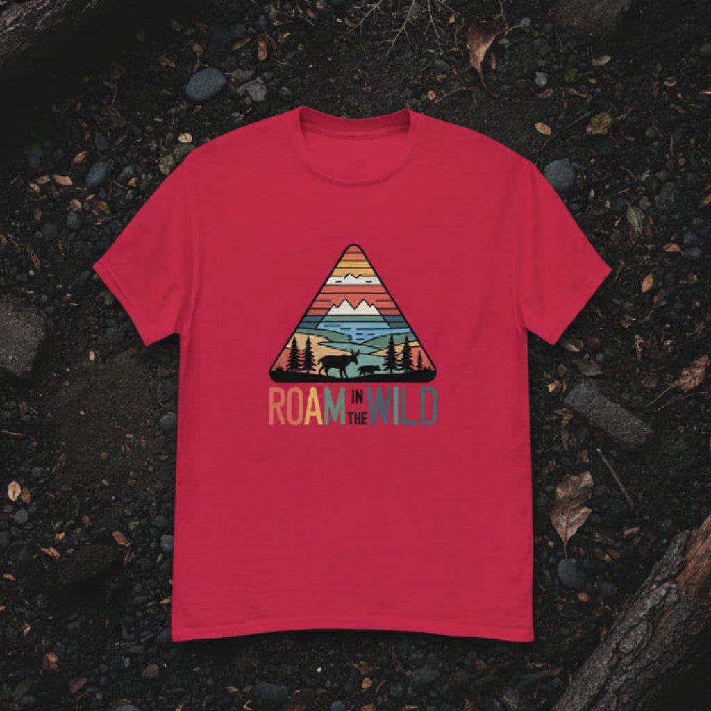 Red graphic tee with triangle “Roam the Wild” landscape print on front