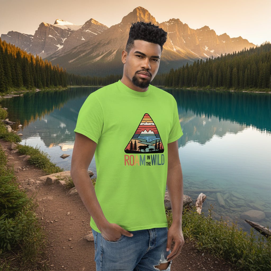 Lime green adventure T-shirt with triangle “Roam the Wild” landscape graphic