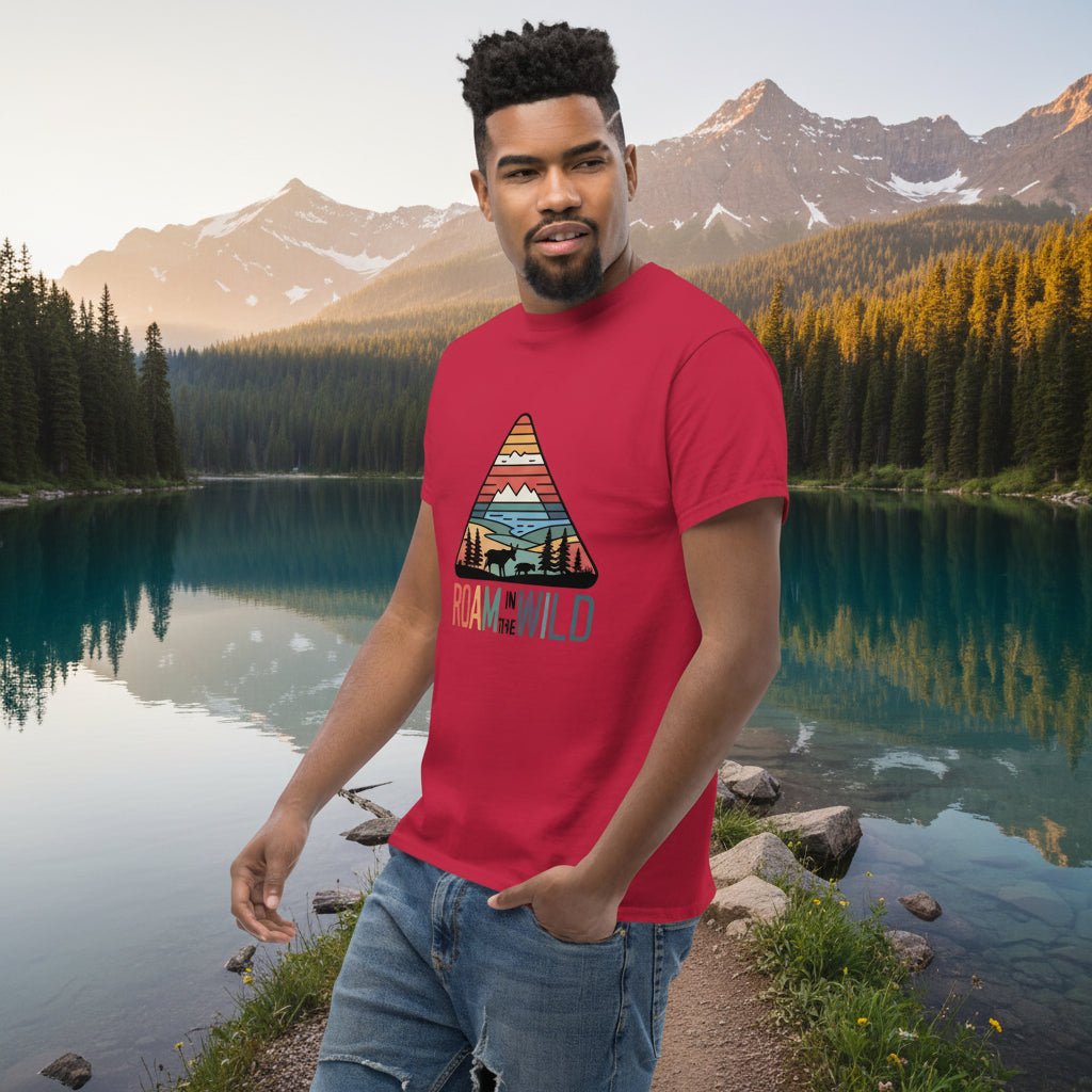 Red adventure T-shirt with triangle “Roam the Wild” landscape graphic