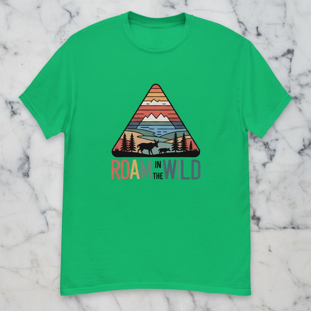 Green graphic t-shirt with triangular Roam the Wild front print