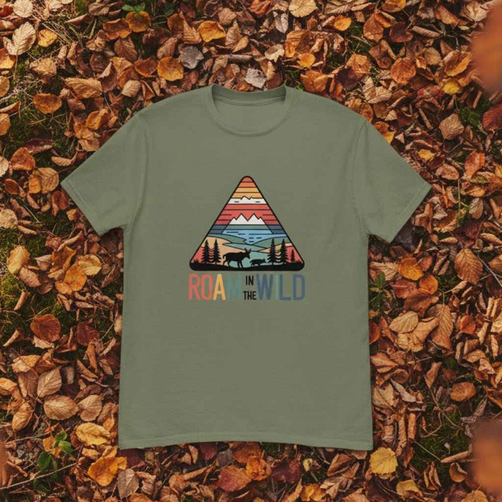 Olive green T-shirt with front triangle “Roam the Wild” landscape graphic