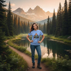 Light blue adventure T-shirt with triangle “Roam the Wild” landscape graphic