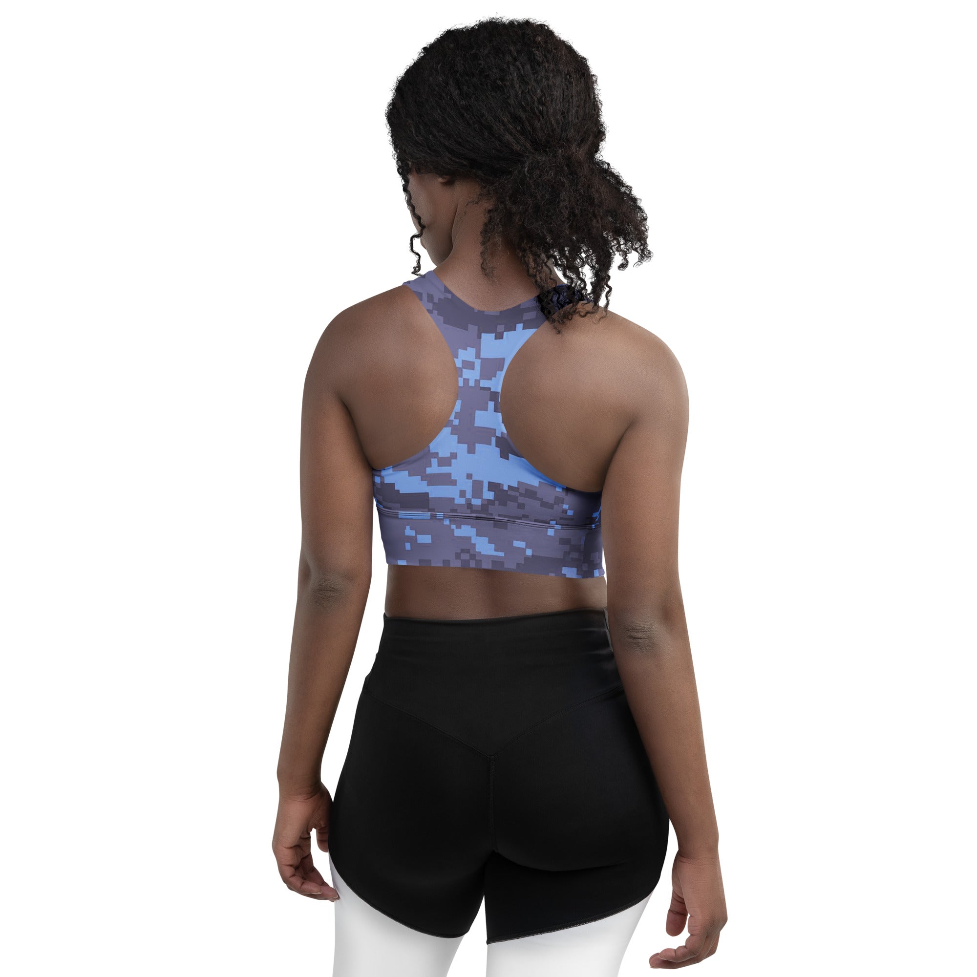 Navy digital camo longline sports bra, back view with racerback straps