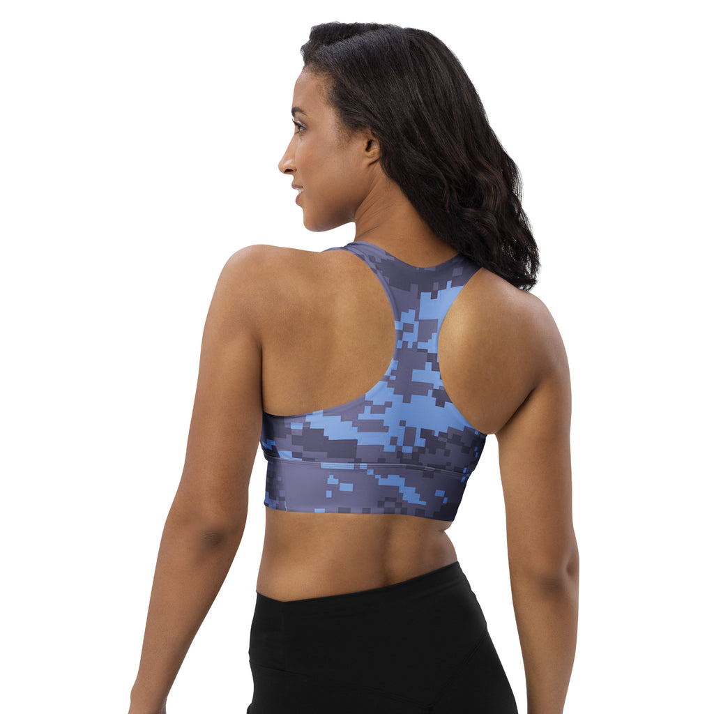 Back view of navy digital camo longline sports bra with racerback and cutout back panels