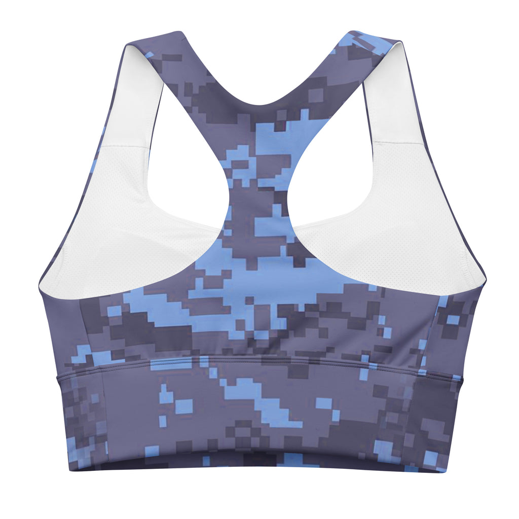 Back view of navy digital camo longline sports bra with racerback cutout panels