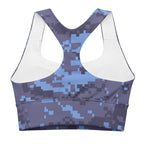 Back view of navy digital camo longline sports bra with racerback cutout panels