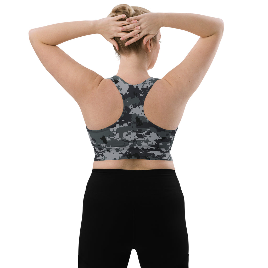 Longline sports bra, dark digital camo print, racerback back straps, wide underband