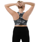 Longline sports bra, dark digital camo print, racerback back straps, wide underband