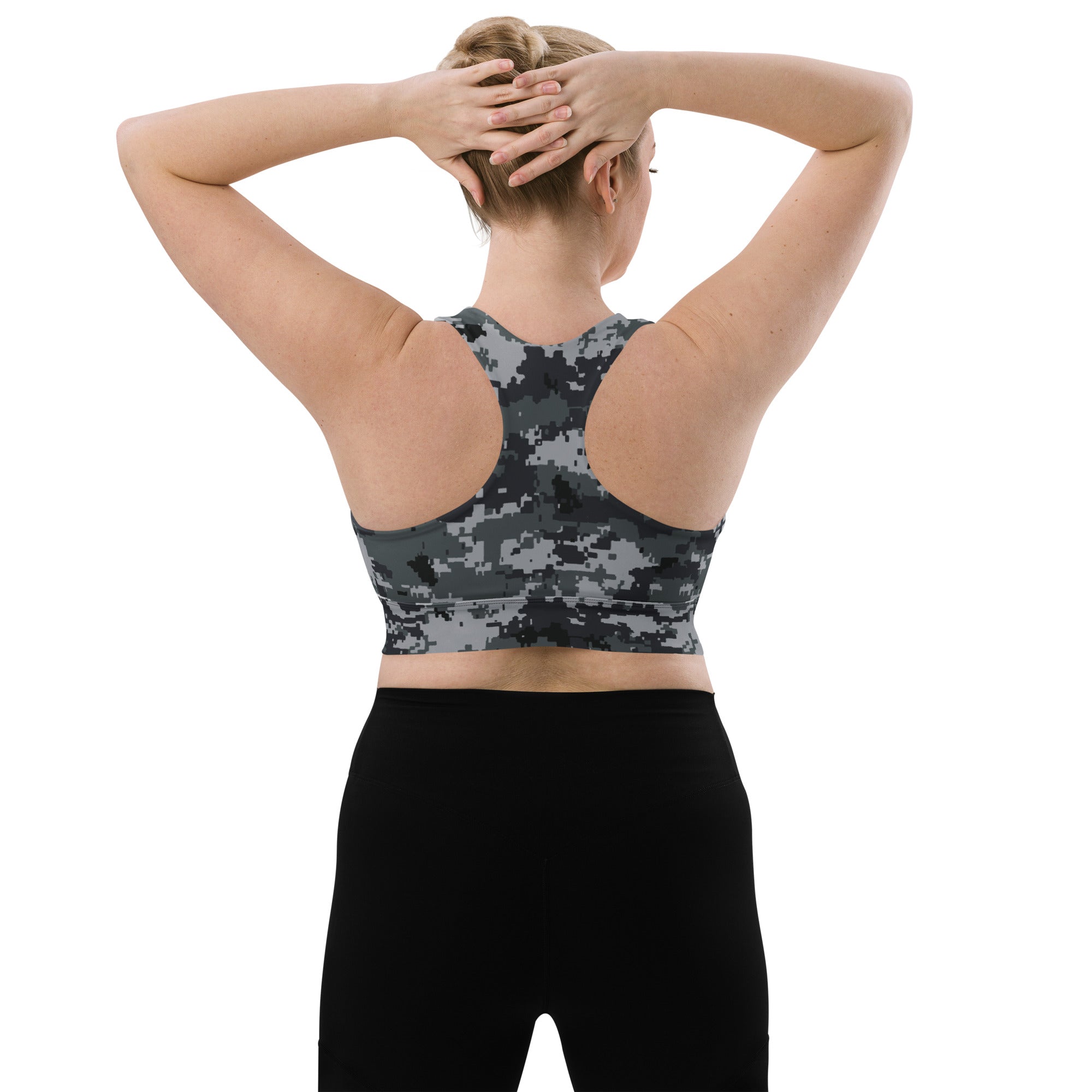 Longline sports bra, dark digital camo print, racerback back straps, wide underband