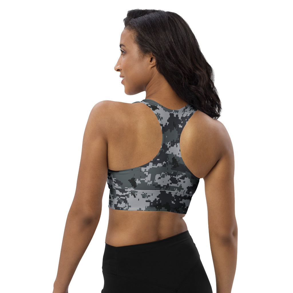 Longline sports bra, dark digital camo print, open-back racerback design