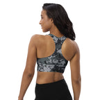 Longline sports bra, dark digital camo print, open-back racerback design