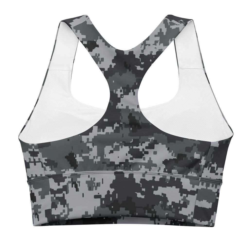 Front view longline sports bra with dark digital camo print and breathable sports mesh panels