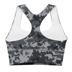 Front view longline sports bra with dark digital camo print and breathable sports mesh panels