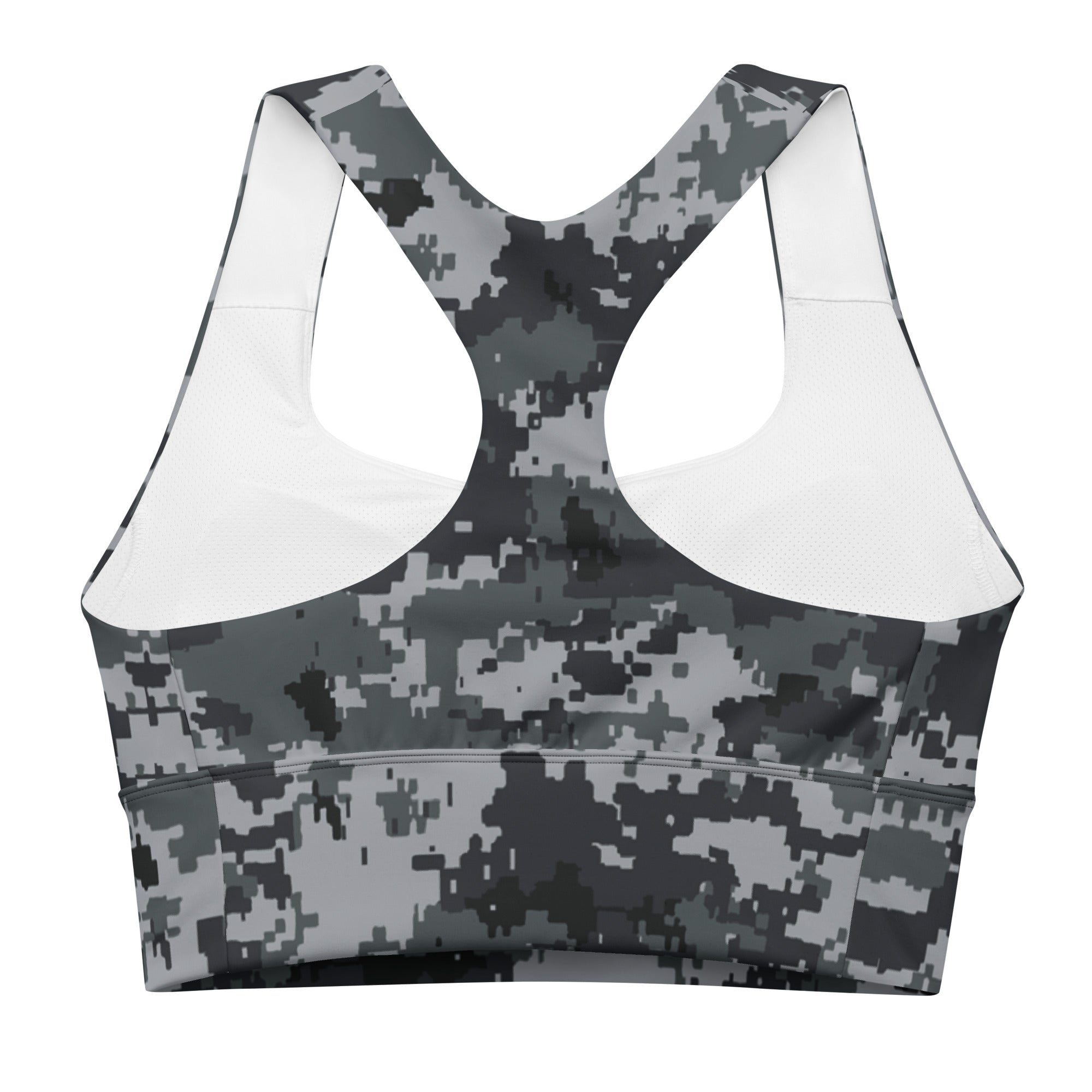 Front view longline sports bra with dark digital camo print and breathable sports mesh panels