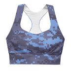 Navy digital camo longline sports bra with scoop neckline and racerback straps