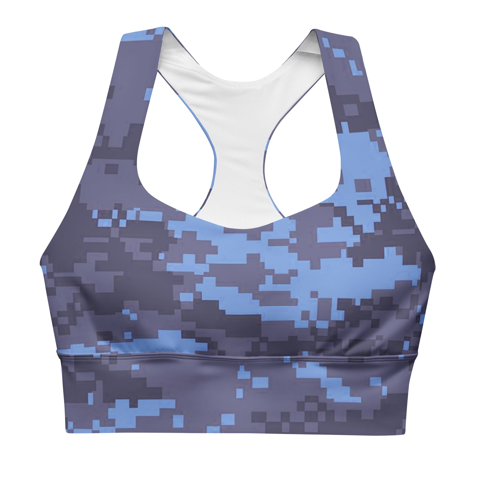 Navy digital camo longline sports bra with scoop neckline and racerback straps