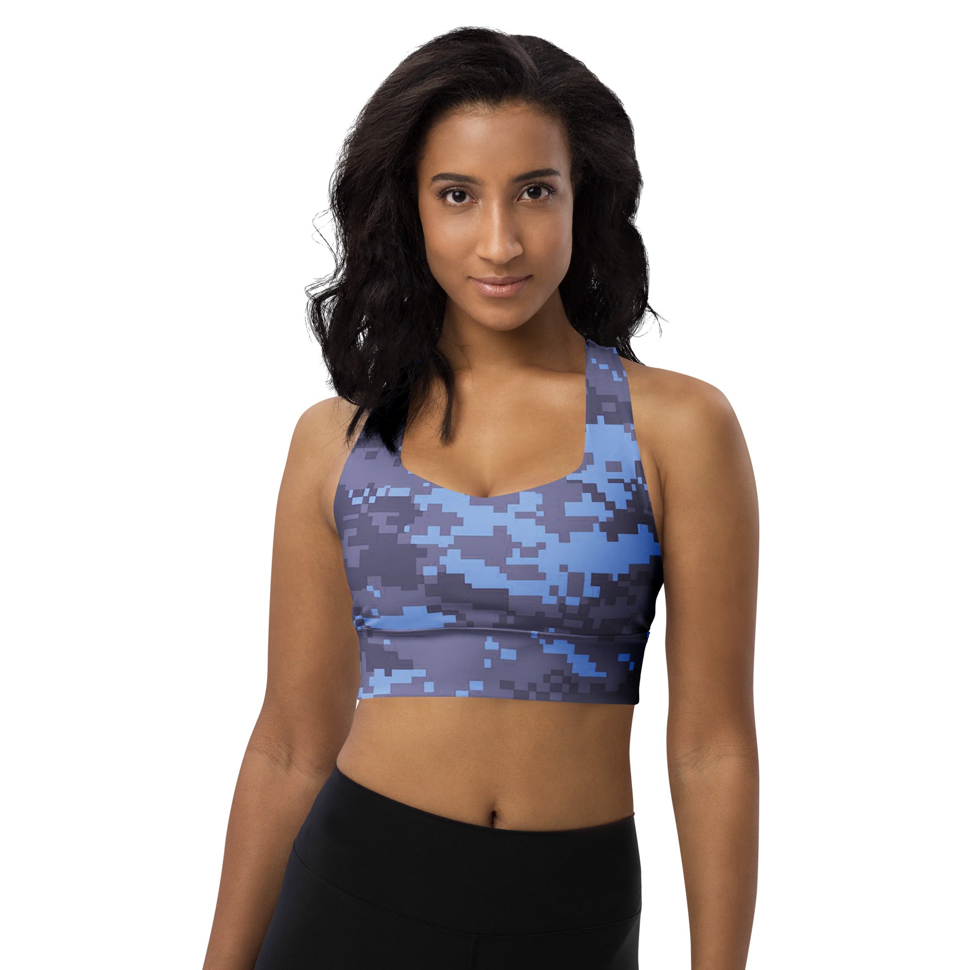 Digital camo longline sports bra in navy and blue with scoop front and racerback