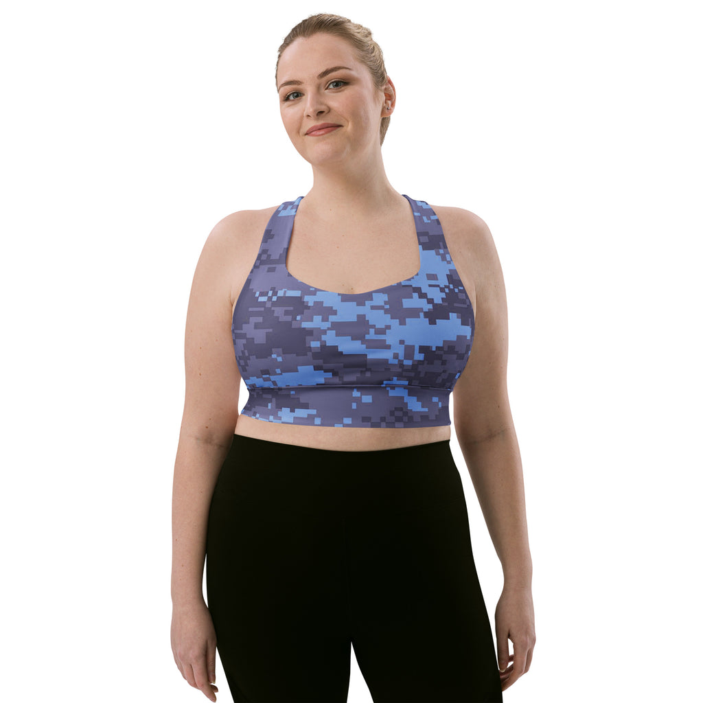 Navy digital camo longline sports bra with wide scoop neckline and racerback straps