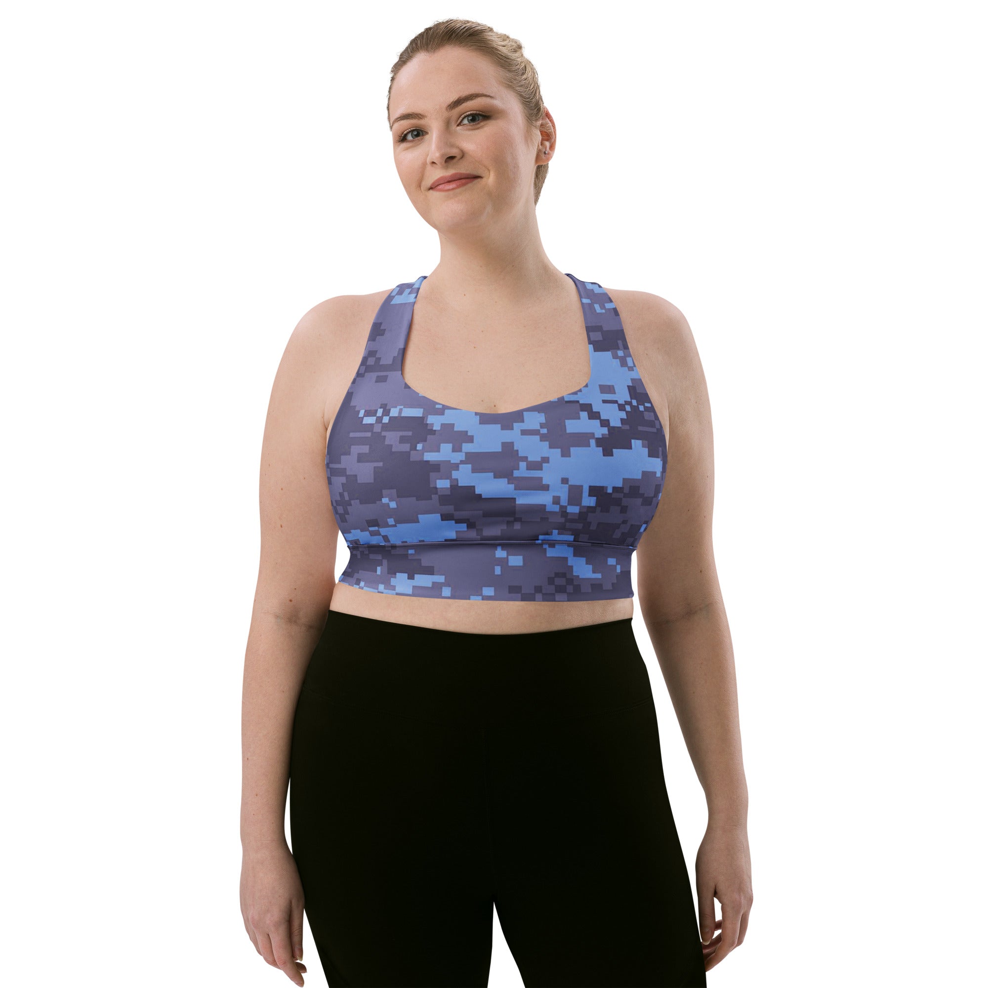 Navy digital camo longline sports bra with wide scoop neckline and racerback straps