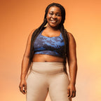 Navy digital camo longline sports bra with scoop neckline and racerback design