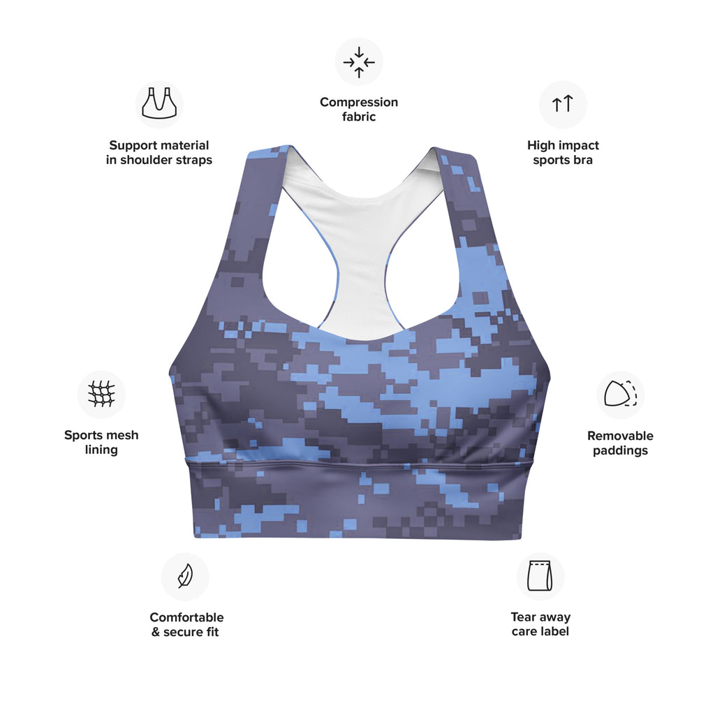 Digital camo longline sports bra front with removable padding and compression fabric