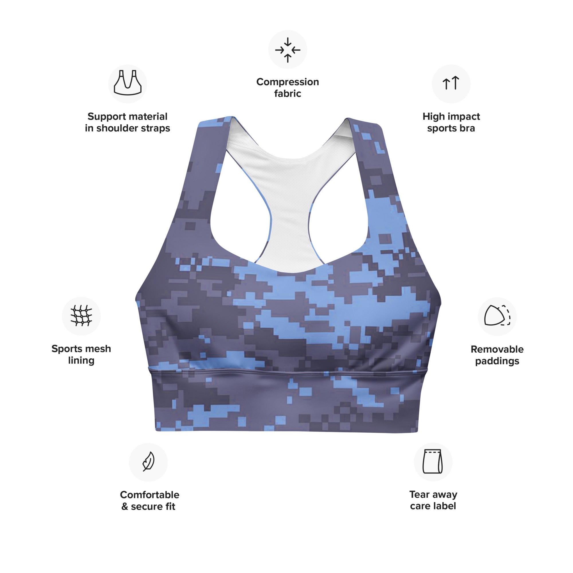 Digital camo longline sports bra front with removable padding and compression fabric