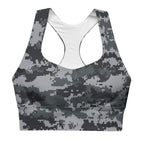 Longline sports bra, dark digital camo print, racerback wide cropped fit