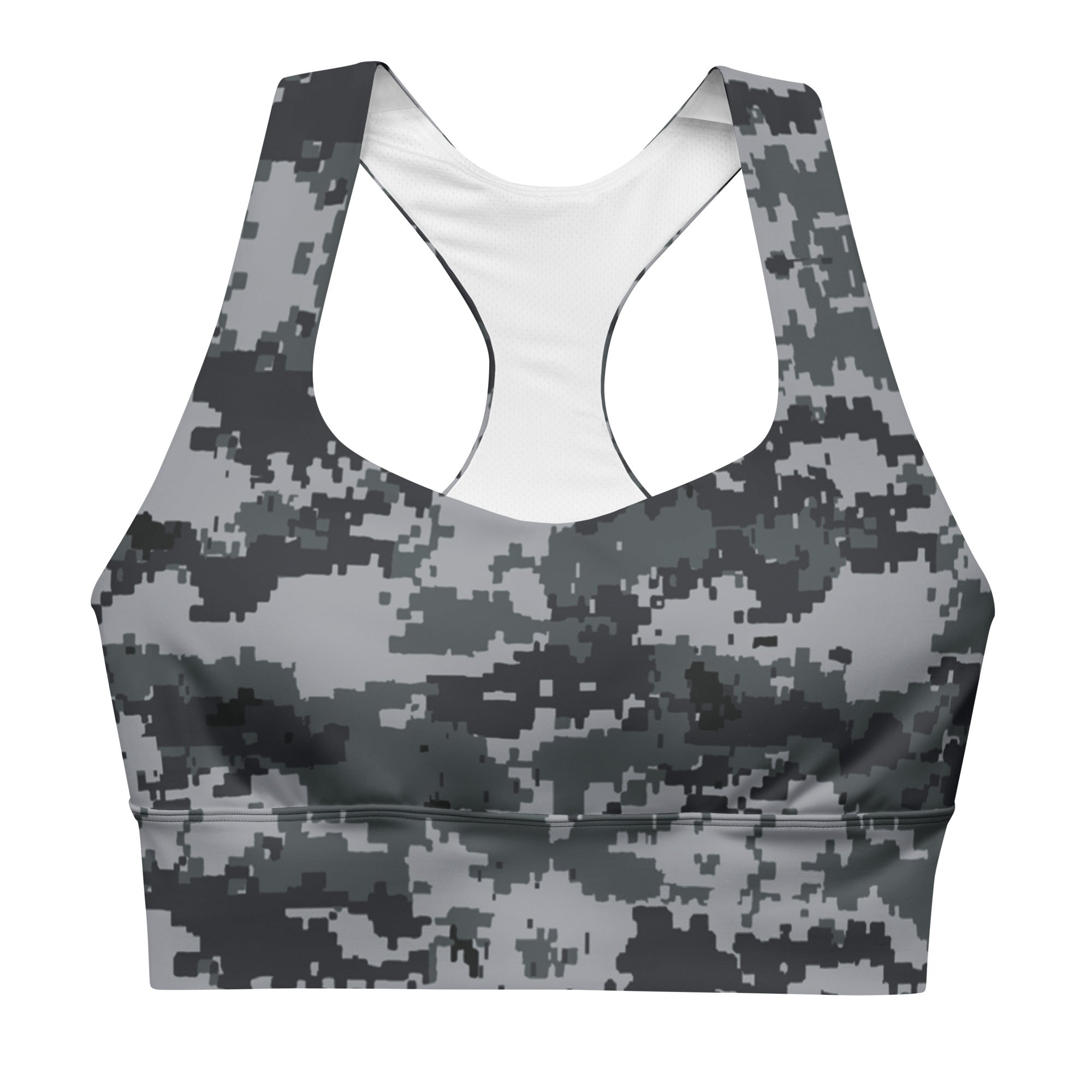 Longline sports bra, dark digital camo print, racerback wide cropped fit