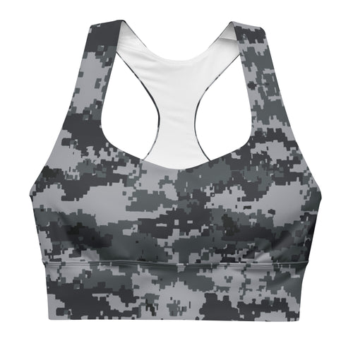 Longline sports bra, dark digital camo print, racerback wide cropped fit