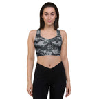 Longline sports bra in dark digital camo, racerback, wide band hem