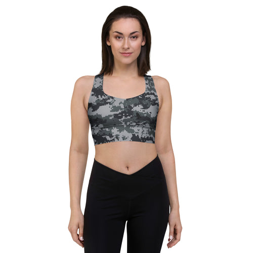 Longline sports bra in dark digital camo, racerback, wide band hem