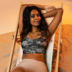 Longline sports bra, dark digital camo print, racerback and mid-chest wide band