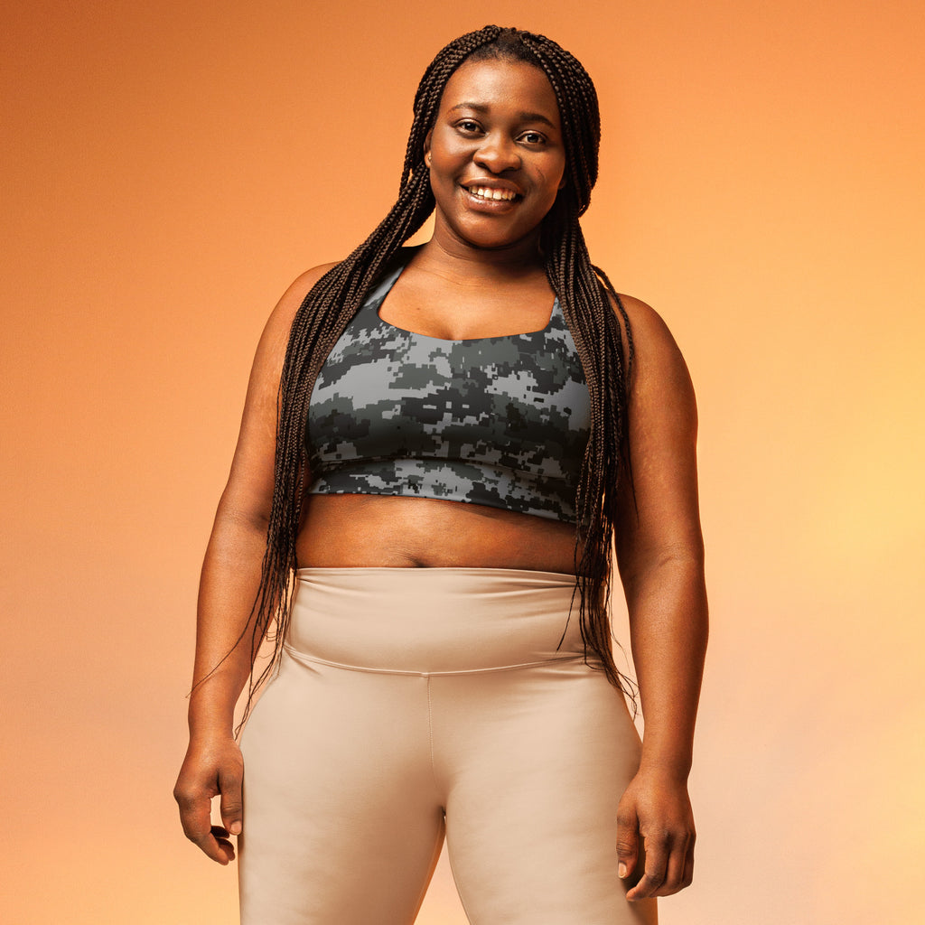 Longline sports bra with dark digital camo print and wide supportive underband