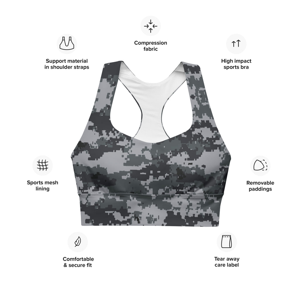 Longline digital camo sports bra with compression fabric, mesh lining, removable padding