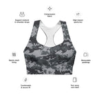 Longline digital camo sports bra with compression fabric, mesh lining, removable padding