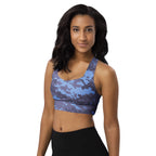 Digital camo longline sports bra in navy and blue with scoop front and racerback