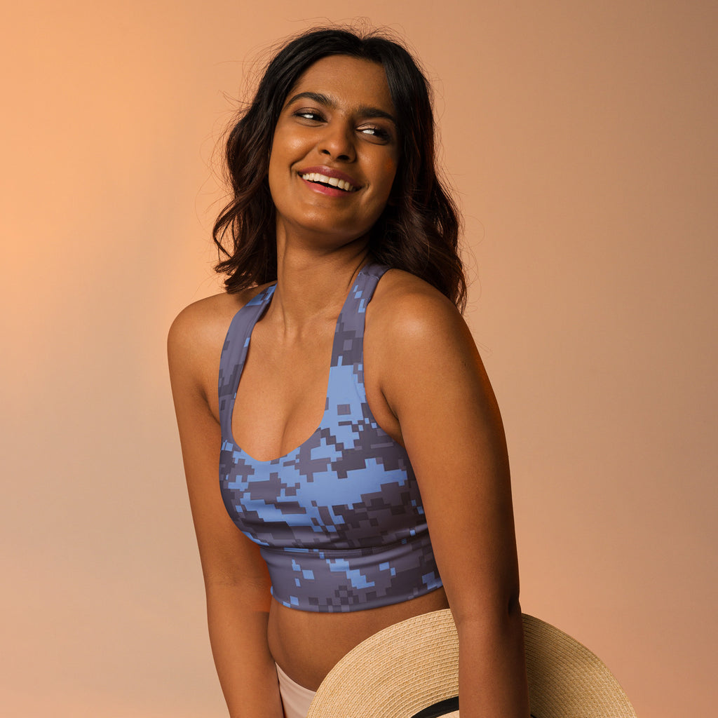 Navy digital camo longline sports bra with scoop neck and racerback straps