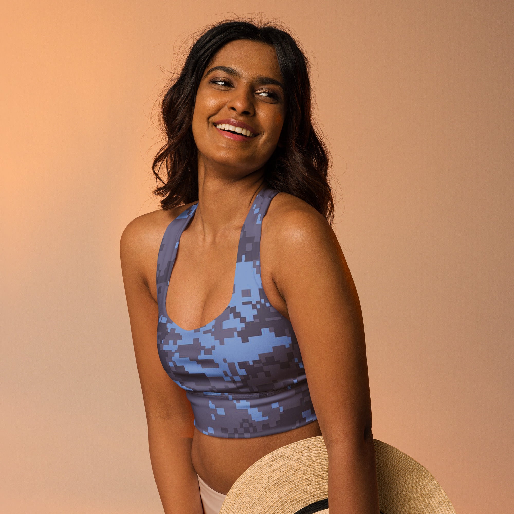 Navy digital camo longline sports bra with scoop neck and racerback straps