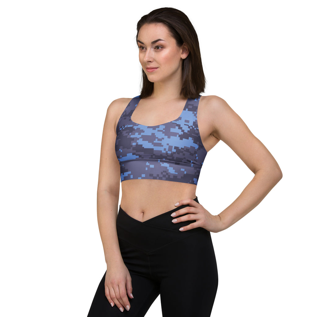 Navy digital camo longline sports bra with scoop neck and wide underband