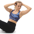 Navy digital camo longline sports bra with racerback and mid-length hem