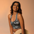 Longline sports bra with dark digital camo print and racerback straps