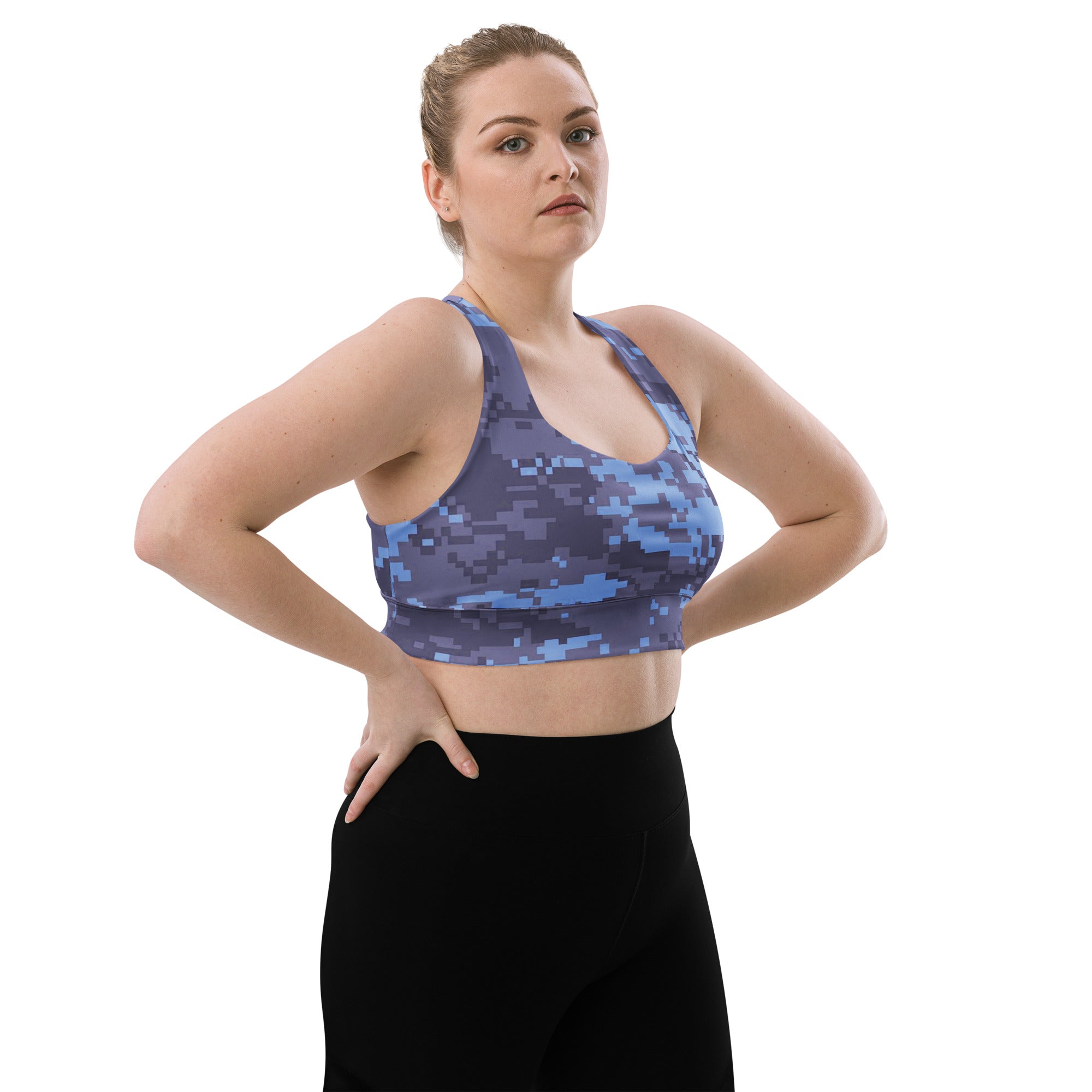 Navy digital camo longline sports bra with scoop neckline and supportive racerback