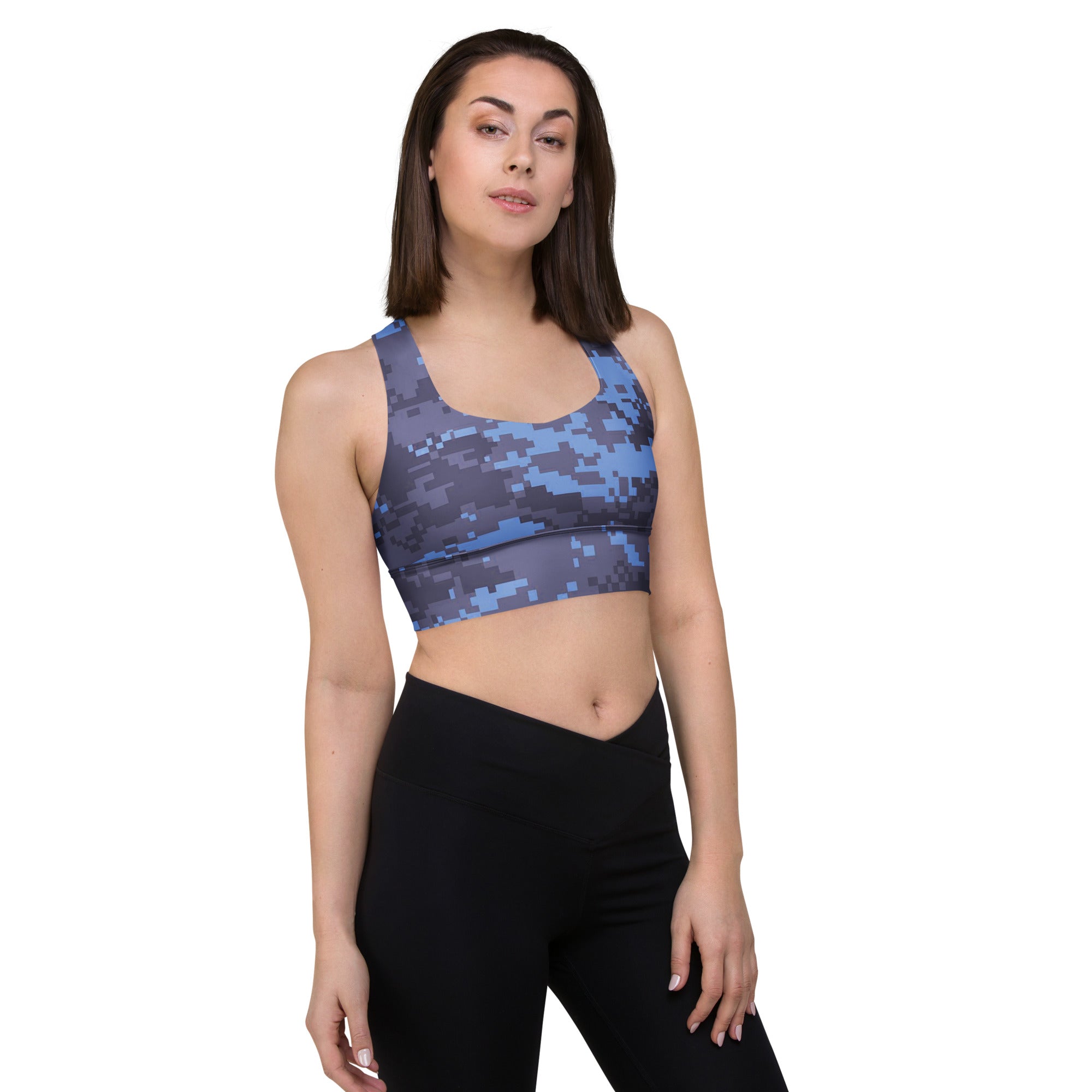 Navy digital camo longline sports bra with racerback straps, front view