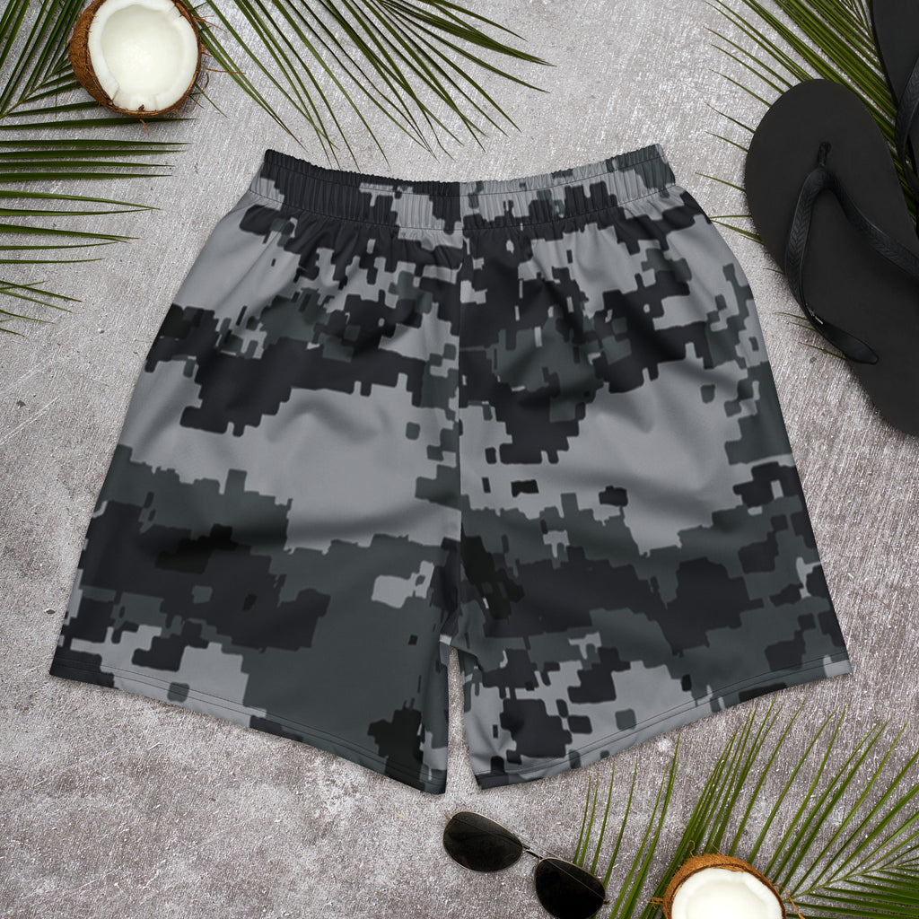 Digital camo athletic long shorts laid flat, elastic waistband, dark gray and black