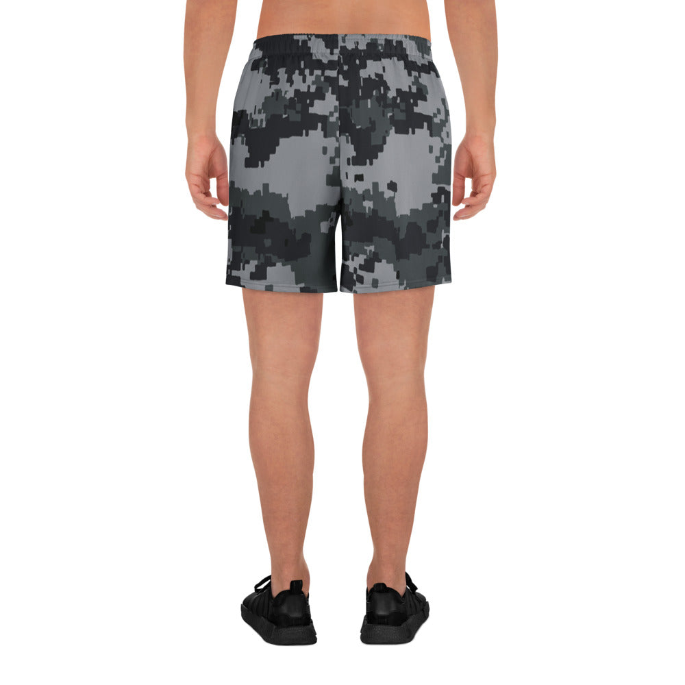 Back view of digital camo athletic long shorts, elastic waistband, dark gray and black