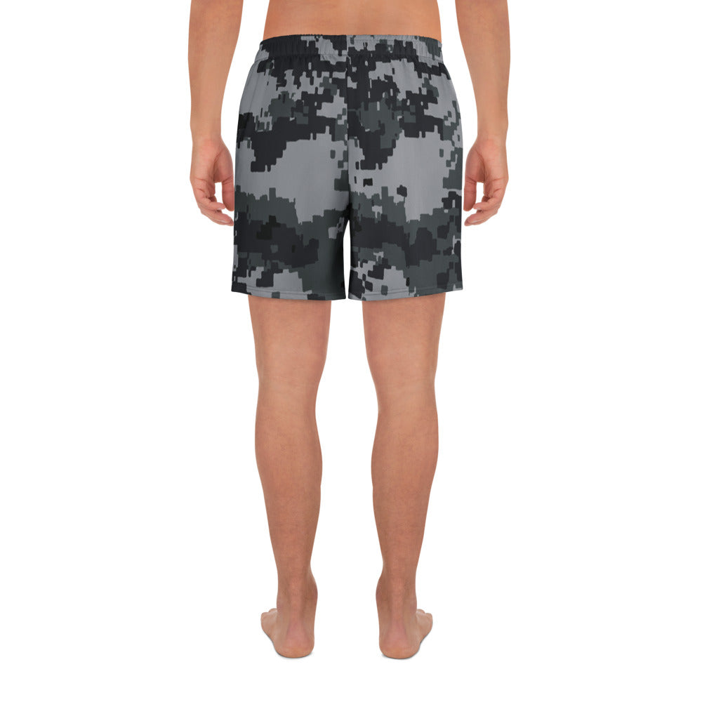 Unisex athletic long shorts in dark digital camouflage with elastic waistband, straight hem