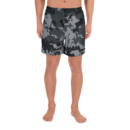 Digital camo athletic long shorts with elastic waistband, dark gray and black pattern