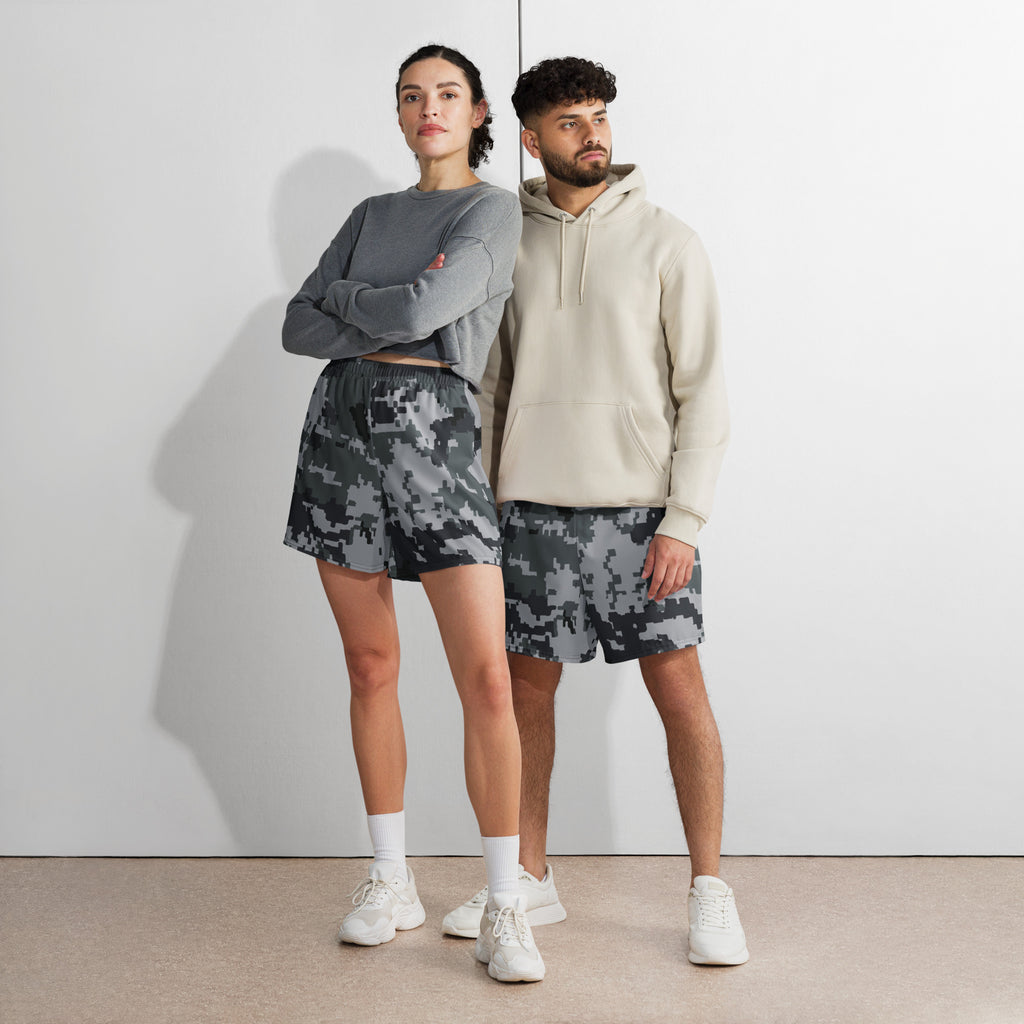 Digital camo athletic long shorts paired with hoodie, elastic waistband, dark gray and black